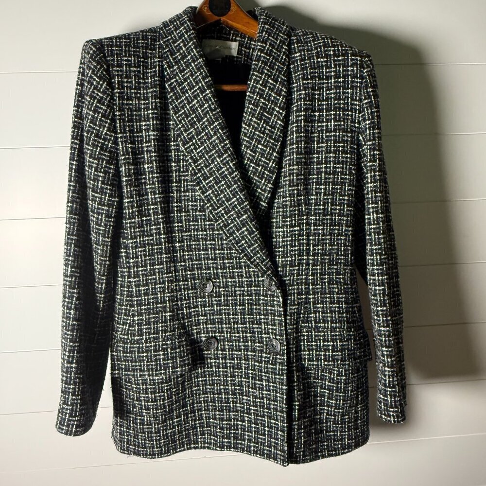 Casual Corner Double Breasted Blazer Jacket Black White Gray Wool Blend Sz 12